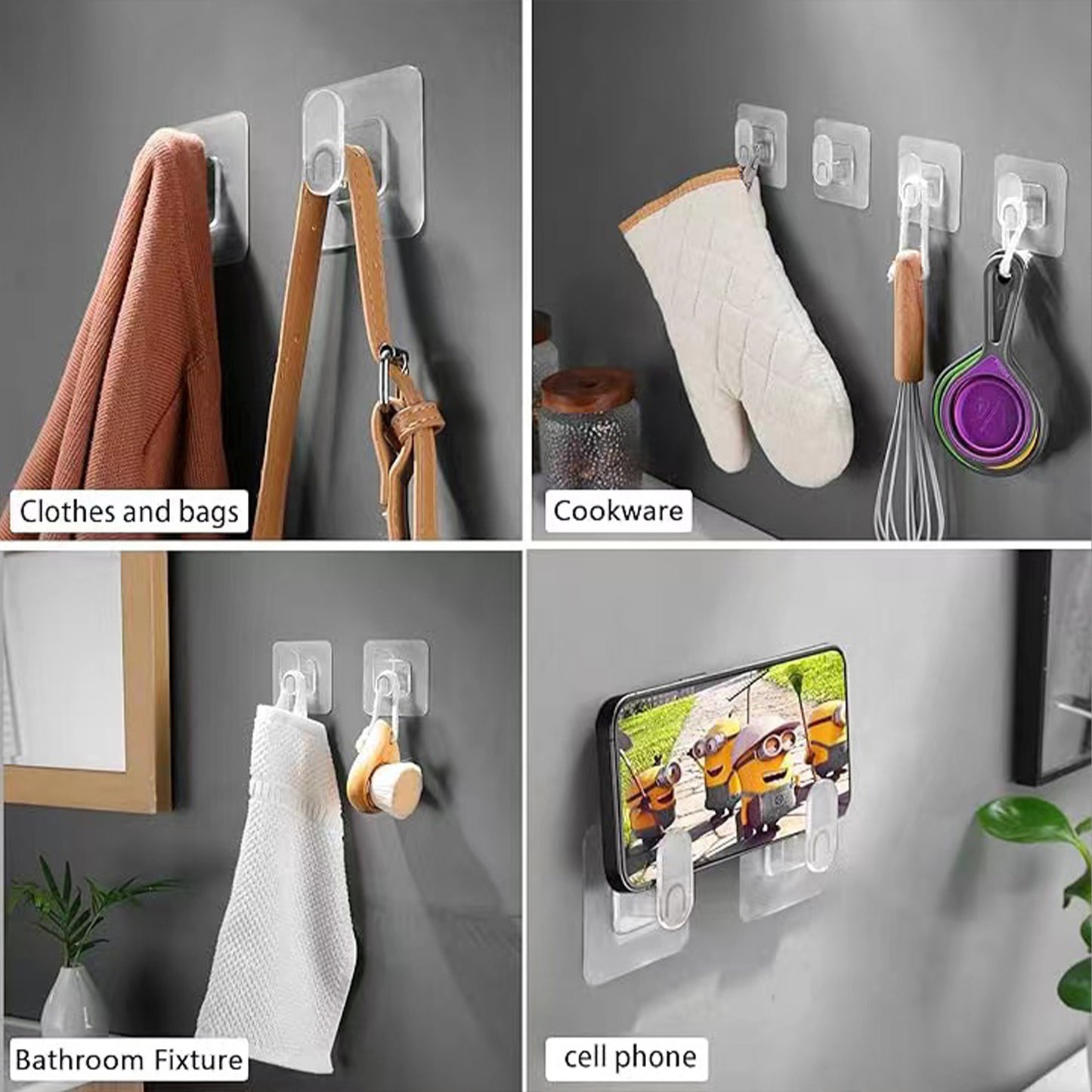 9-Pack Bathroom & Kitchen Organiser Set: 5 Heavy-Duty Clear Adhesive Hooks + 4 Portable Toothbrush Holders(Random Color)