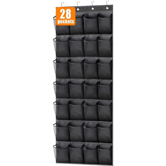 Black 28-Pocket Over-the-Door Shoe Organizer with Breathable Mesh – Wall Hanging Storage Bag for Shoes, Boots, and Accessories