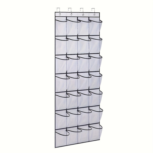 White 28-Pocket Over-the-Door Shoe Organizer with Breathable Mesh – Wall Hanging Storage Bag for Shoes, Boots, and Accessories