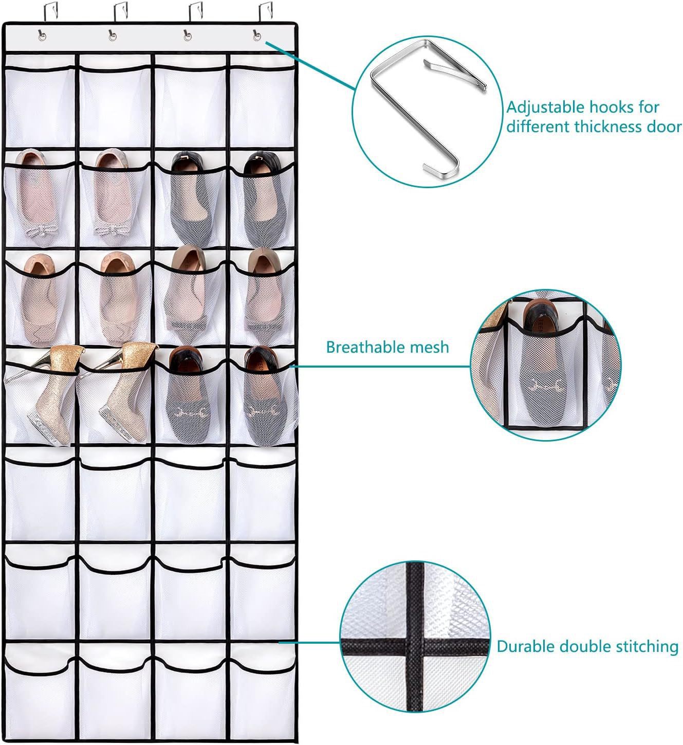 White 28-Pocket Over-the-Door Shoe Organizer with Breathable Mesh – Wall Hanging Storage Bag for Shoes, Boots, and Accessories