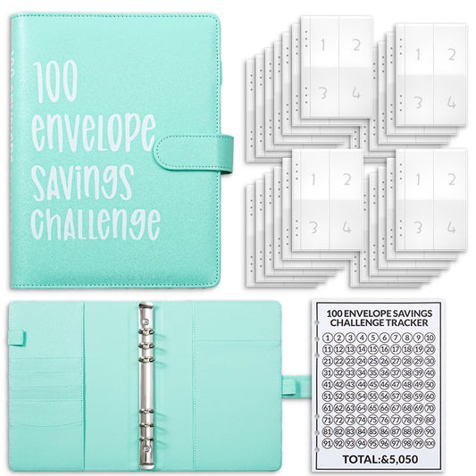Cyan 100 Envelope Savings Challenge Binder - A5 Budget Planner & Money Organizer with Zipper Pockets - Perfect for Couples & Families