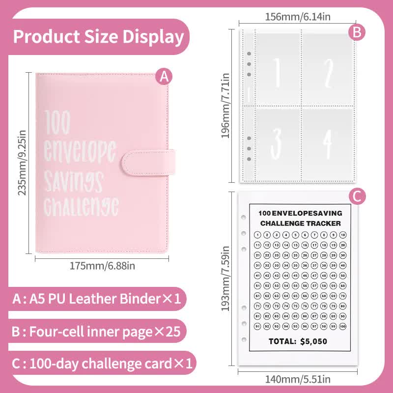 White 100 Envelope Savings Challenge Binder - A5 Budget Planner & Money Organizer with Zipper Pockets - Perfect for Couples & Families