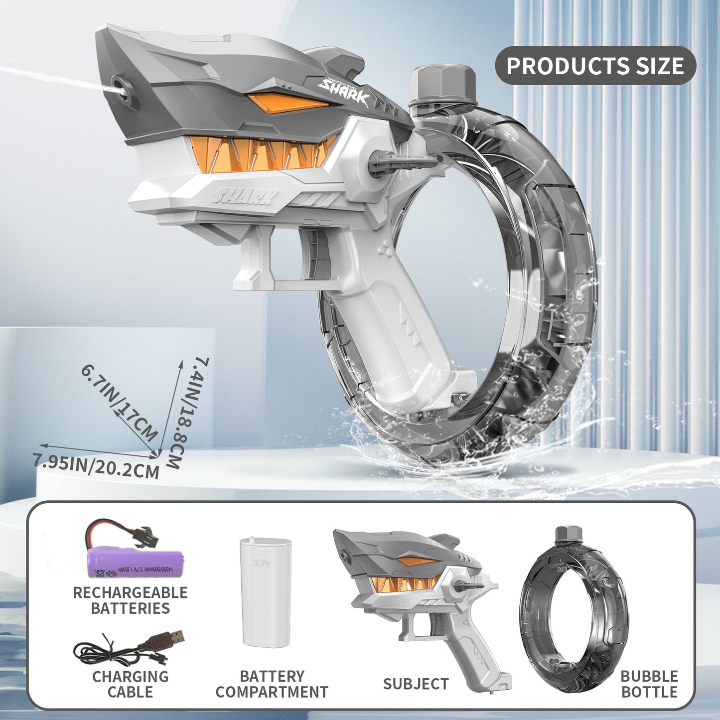 Grey Electric Shark Water Gun for Kids - Automatic Continuous Shot Blaster with Large Capacity Water Bottle & Rechargeable Lithium Battery - Long Range Summer Outdoor Toy