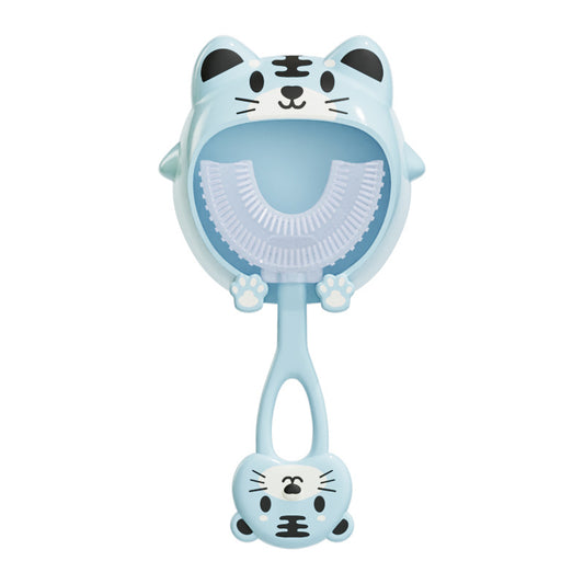 Blue tiger U-Shaped Kids Toothbrush - Food Grade Silicone Manual Toothbrush for 2-12 Year Olds - 360 degree Full Mouth Cleaning Baby Oral Care - Comes with Wall Mount Holder