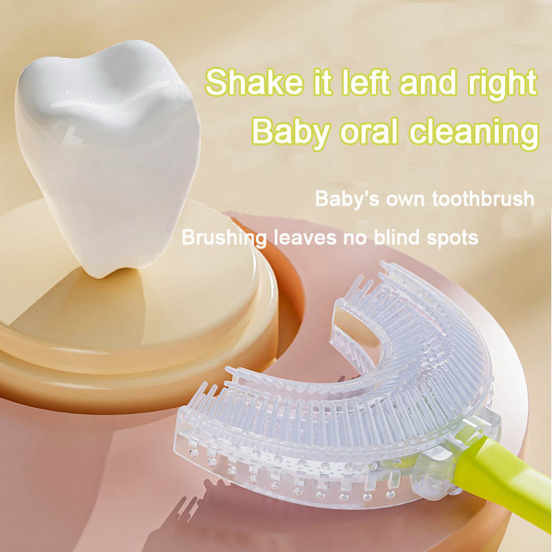 Pink frog U-Shaped Kids Toothbrush - Food Grade Silicone Manual Toothbrush for 2-12 Year Olds - 360 degree Full Mouth Cleaning Baby Oral Care - Comes with Wall Mount Holder