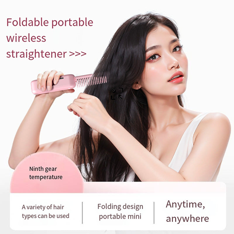 Purple Portable Foldable Cordless Hair Straightener Comb - 2-in-1 Ionic Styling for Smooth, Frizz-Free Hair