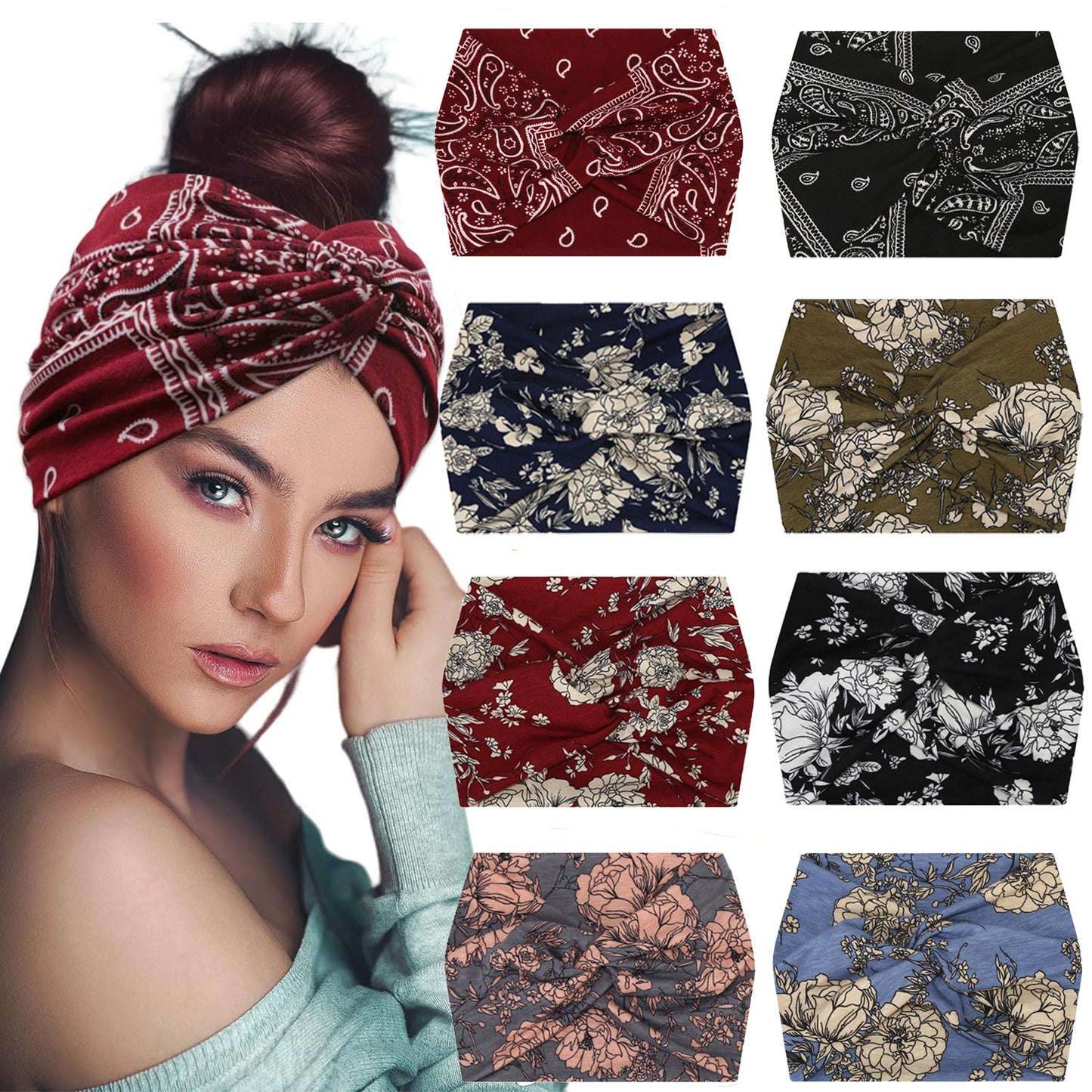 5-PCS Cashew nuts are black Women's Extra Wide Turban Headband - Elastic Yoga & Sports Hair Wrap