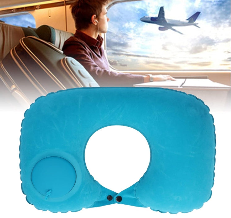 2-PCS Grey  Inflatable Travel Neck Pillow Press to Inflate U-Shape Soft Flocking Support Cushion for Airplane Car & Camping Portable Air Pump Design
