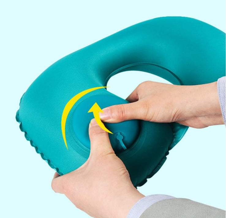 2-PCS Sky blue  Inflatable Travel Neck Pillow Press to Inflate U-Shape Soft Flocking Support Cushion for Airplane Car & Camping Portable Air Pump Design