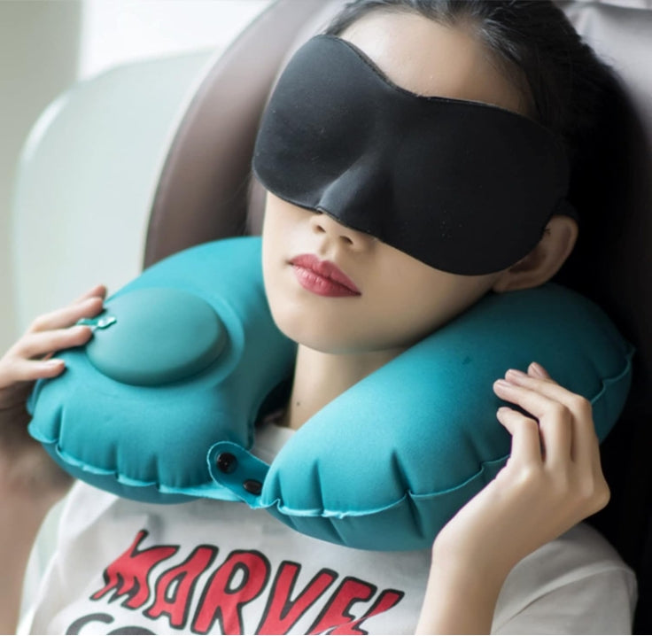2-PCS Navy blue Inflatable Travel Neck Pillow Press to Inflate U-Shape Soft Flocking Support Cushion for Airplane Car & Camping Portable Air Pump Design