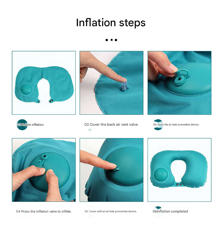 2-PCS Black Inflatable Travel Neck Pillow Press to Inflate U-Shape Soft Flocking Support Cushion for Airplane Car & Camping Portable Air Pump Design