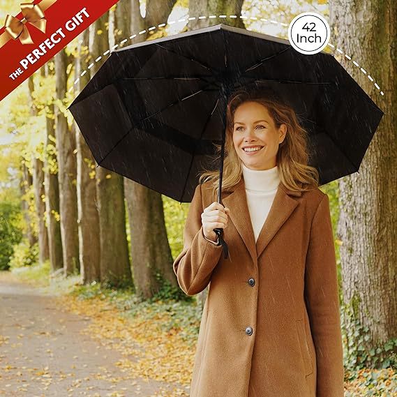 Red Automatic Windproof Travel Umbrella Compact Folding Umbrella Auto Open and Close with Vented Double Canopy for Rain and Sun