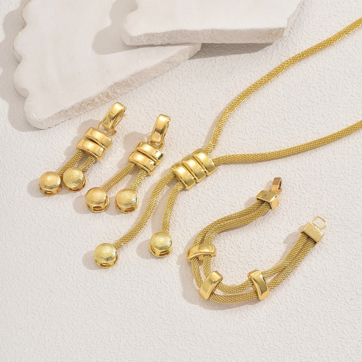 New European-Style Women's Jewelry Set – 18K Gold-Plated Long Necklace with Geometric Tassel Earrings and Matching Bracelet