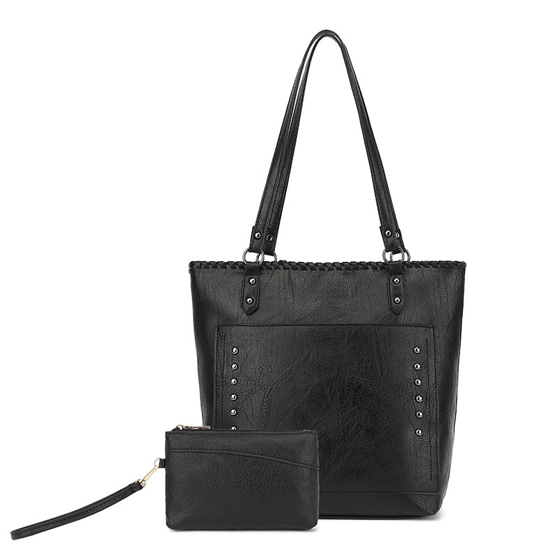 Black Minimalist Large Capacity Tote Bag with Detachable Pouch – Soft PU Leather Shoulder Handbag for Everyday Use
