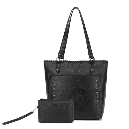Black Minimalist Large Capacity Tote Bag with Detachable Pouch – Soft PU Leather Shoulder Handbag for Everyday Use