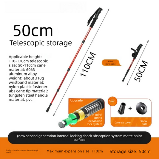 Red Professional Outdoor Trekking Pole – Lightweight Aluminum Alloy Adjustable Walking Stick with Shock Absorption System for Hiking, Climbing, and Kids | 4-Section Collapsible Design with Ergonomic Curved Handle