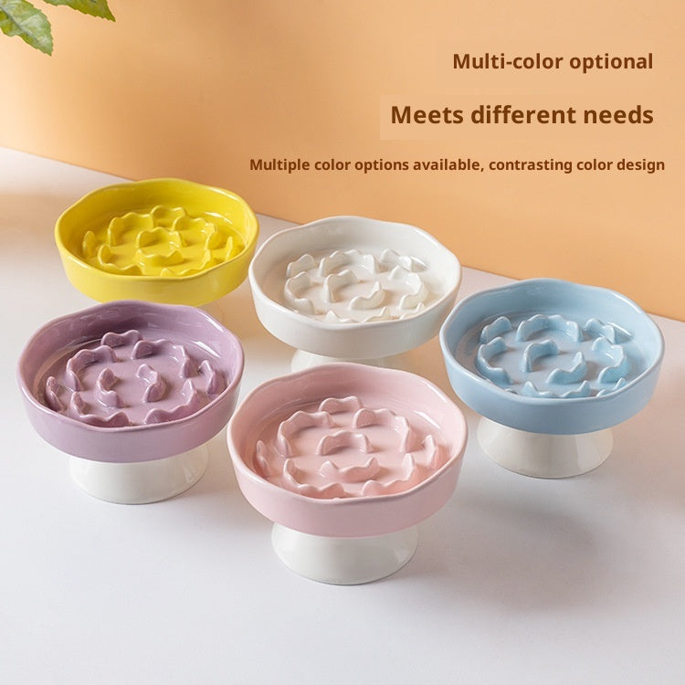 Yellow Ceramic Elevated Slow Feeder Bowl Raised Pet Dish 310ml Anti-Vomit Puzzle Design for Cats and Small Dogs Healthy Digestion Sturdy Base