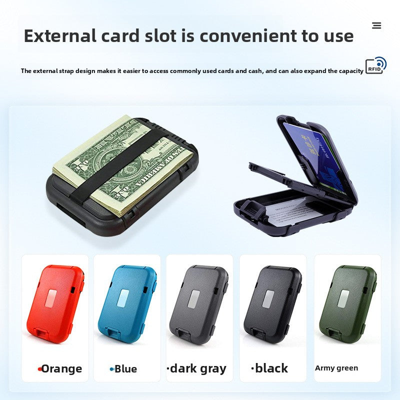 Dark grey RFID Blocking Aluminium Card Holder Wallet Waterproof Hard Shell Case with Cash Strap for Men Travel and Daily Use