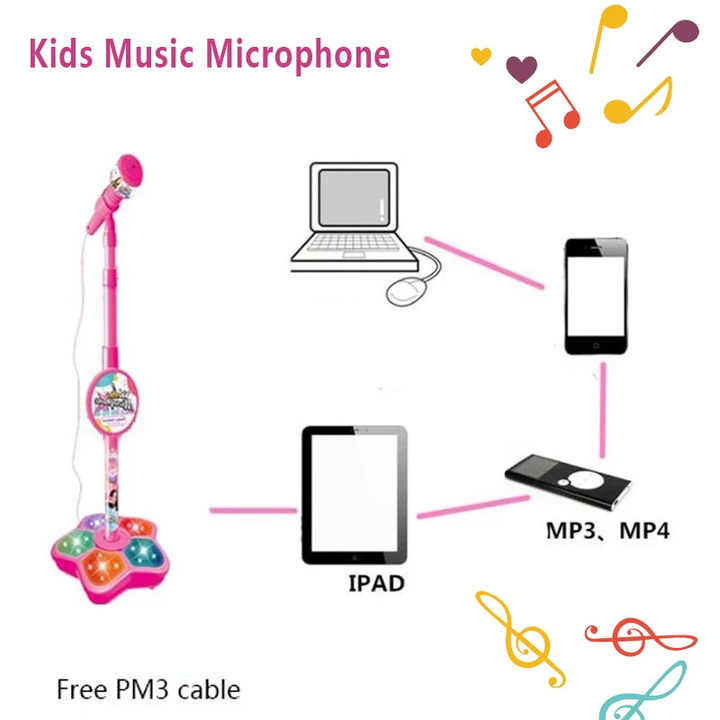 Blue Kids Star Karaoke Microphone Stand Adjustable Height Music Toy with Flashing Lights and MP3 Connectivity for Boys and Girls