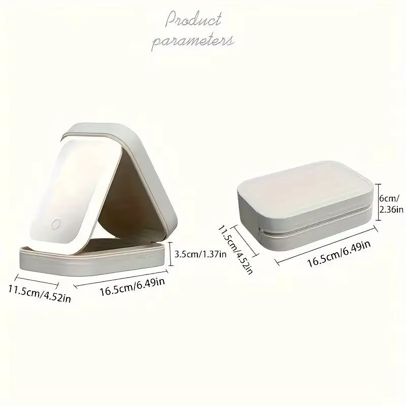 Green Portable LED Makeup Mirror with Jewellery Storage Box Touch Screen Adjustable Light Travel Cosmetic Organizer Case