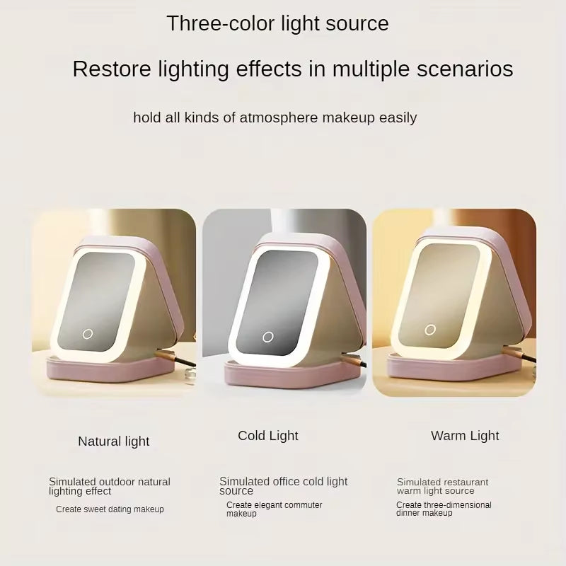 Pink Portable LED Makeup Mirror with Jewellery Storage Box Touch Screen Adjustable Light Travel Cosmetic Organizer Case