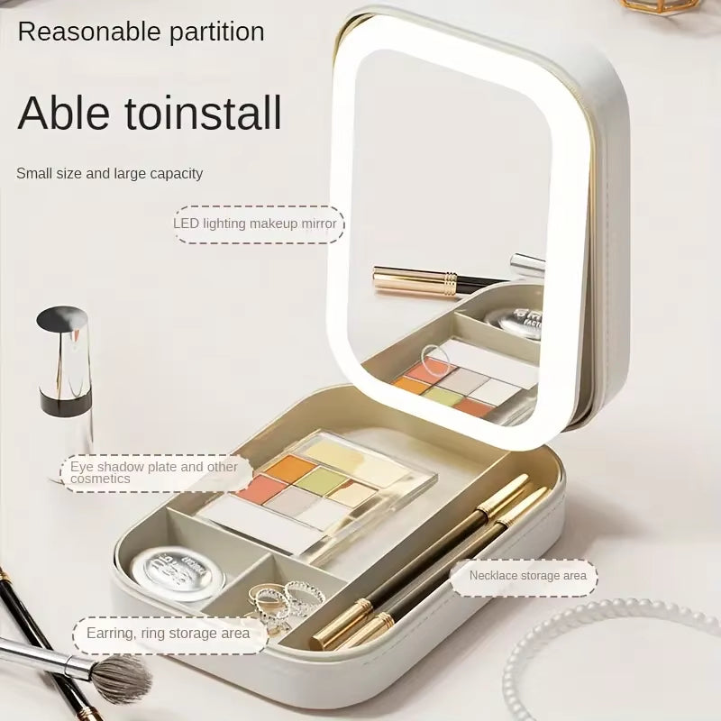 Pink Portable LED Makeup Mirror with Jewellery Storage Box Touch Screen Adjustable Light Travel Cosmetic Organizer Case