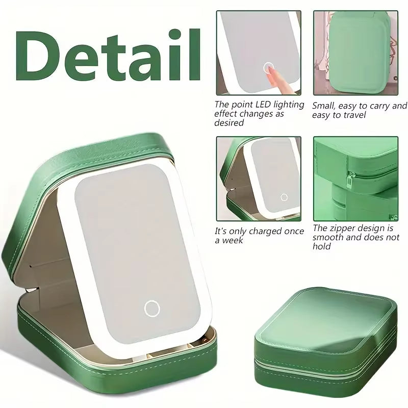 Black Portable LED Makeup Mirror with Jewellery Storage Box Touch Screen Adjustable Light Travel Cosmetic Organizer Case