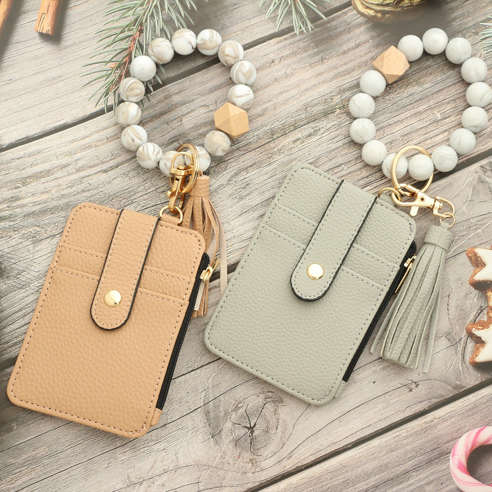 2-PCS Grey Silicone Bead Keychain Bracelet Wallet PU Leather ID Card Holder with Tassel Wristlet Bangle for Women