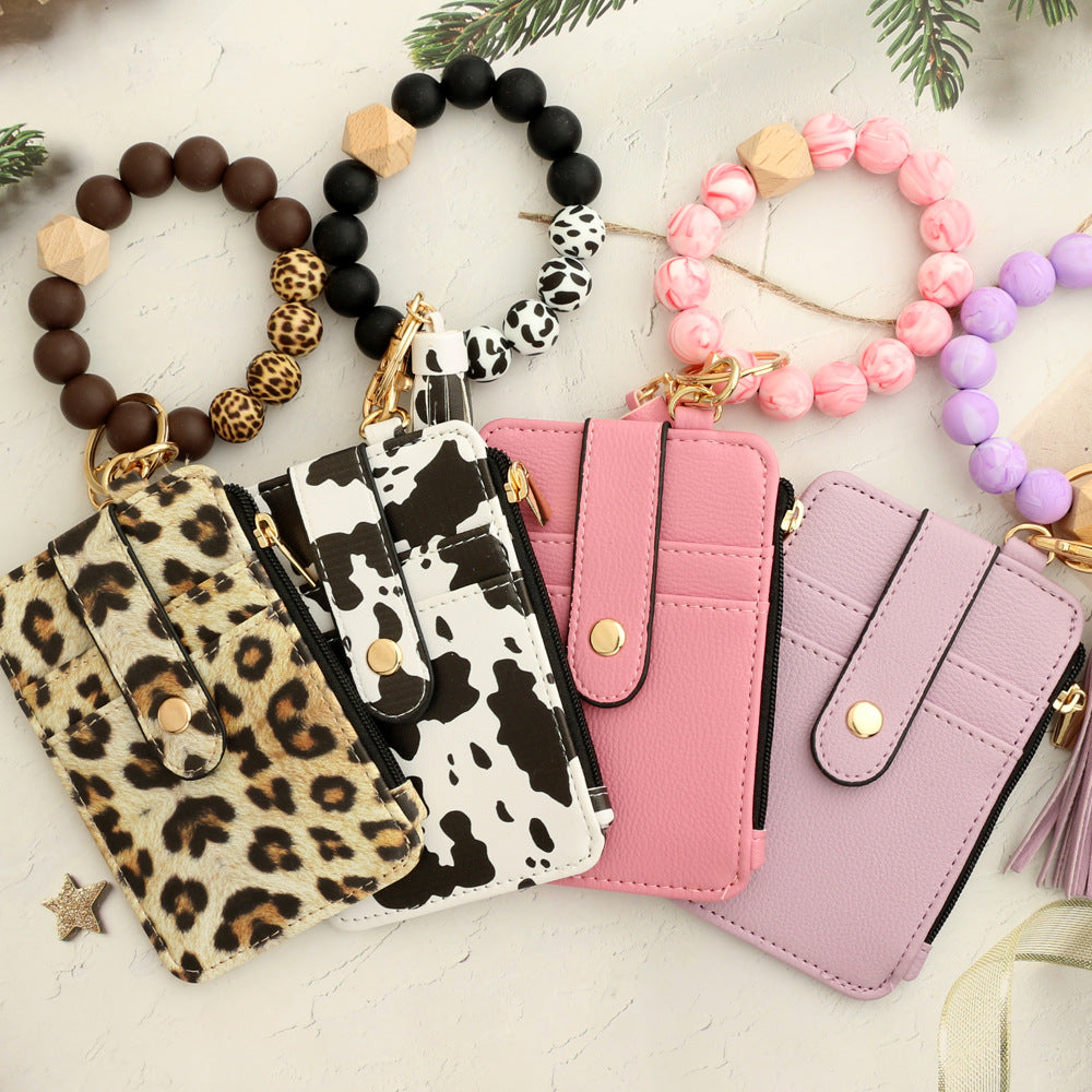2-PCS Yellow leopard print Silicone Bead Keychain Bracelet Wallet PU Leather ID Card Holder with Tassel Wristlet Bangle for Women