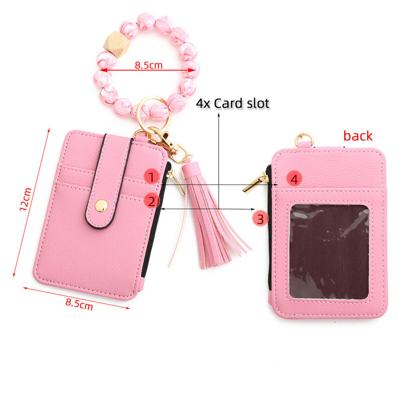 2-PCS Yellow leopard print Silicone Bead Keychain Bracelet Wallet PU Leather ID Card Holder with Tassel Wristlet Bangle for Women