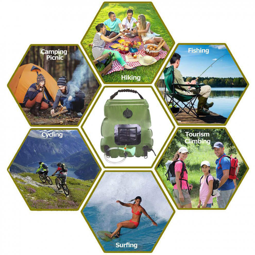 Green Portable Solar Camping Shower Bag 20L 5 Gallon Water Capacity Outdoor Bathing Bag with Removable Hose and Shower Head