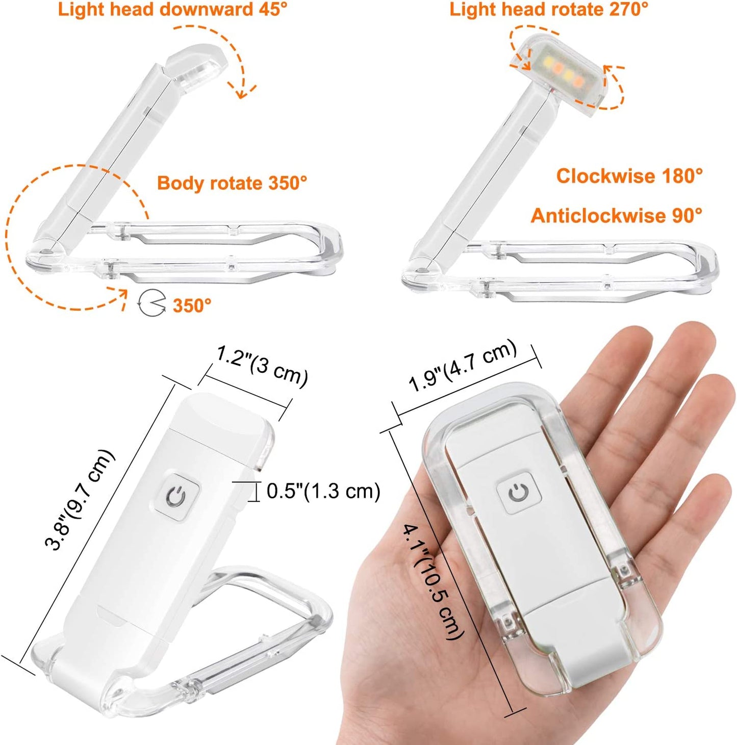 2-PCS White Mini USB Rechargeable LED Book Light Eye Protection Reading Lamp with Adjustable Clip and Brightness for Kids Students Travel