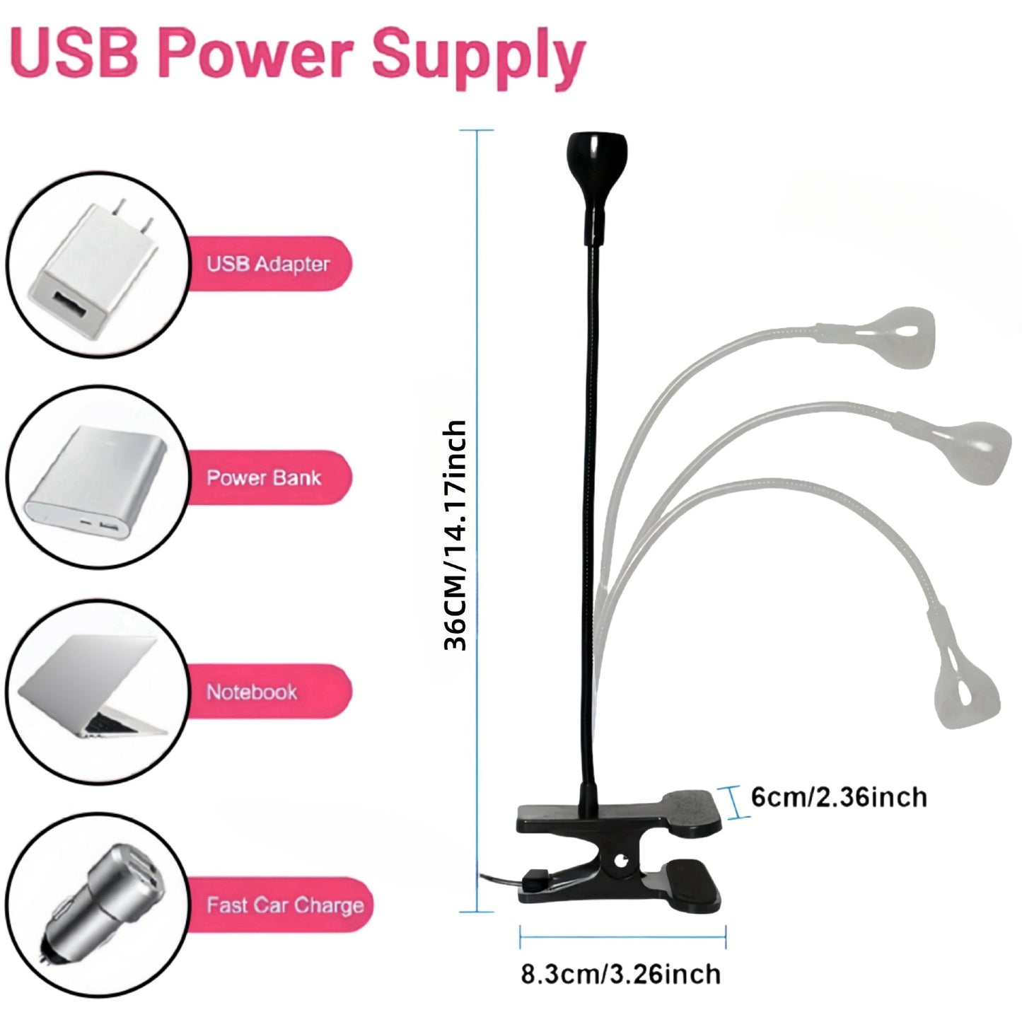 Pink 3W UV LED Gel Nail Curing Lamp Clip On Flexible Gooseneck Light 4 Brightness Levels for Gel Polish and Resin Curing