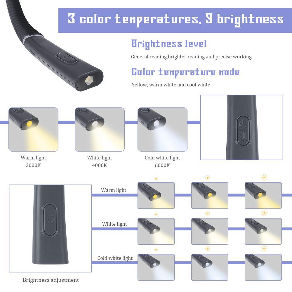 Grey Hands-Free USB Rechargeable Neck Reading Light 3 Colour Modes Flexible LED Book Lamp for Night Reading Knitting Repairing