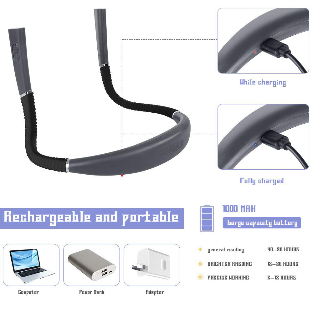 Blue Hands-Free USB Rechargeable Neck Reading Light 3 Colour Modes Flexible LED Book Lamp for Night Reading Knitting Repairing