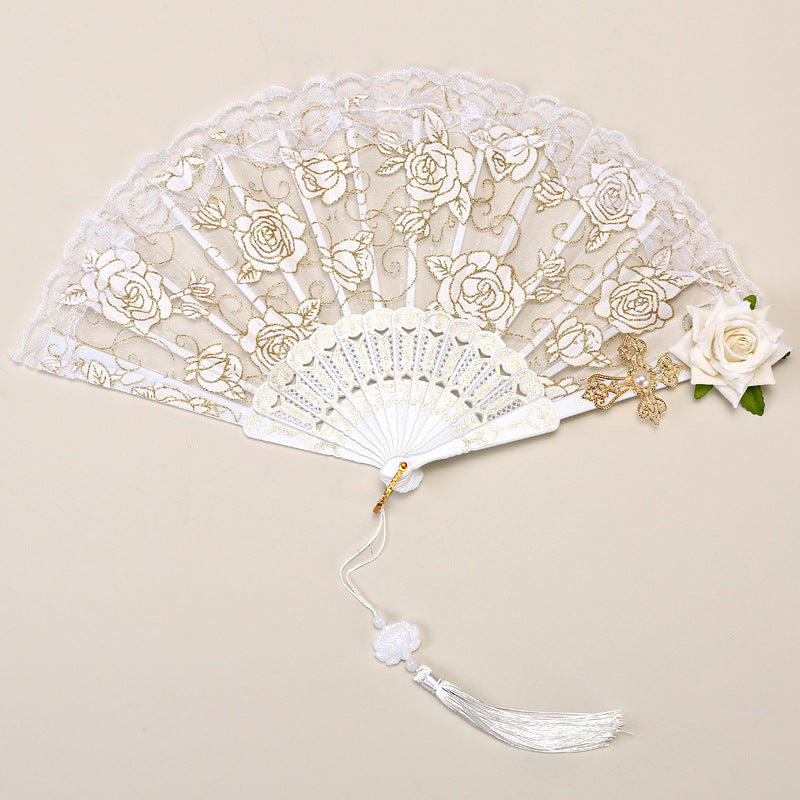 2 Pack White lace, white roses Vintage Lace Folding Fans Gothic Palace Style with Rose Cross Tassels for Tea Party Cosplay and Photo Props
