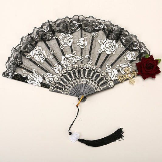 2 Pack Black Lace Burgundy Rose Vintage Lace Folding Fans Gothic Palace Style with Rose Cross Tassels for Tea Party Cosplay and Photo Props