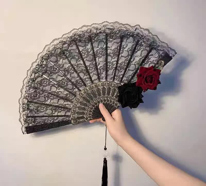 2 Pack Black Lace Burgundy Rose Vintage Lace Folding Fans Gothic Palace Style with Rose Cross Tassels for Tea Party Cosplay and Photo Props