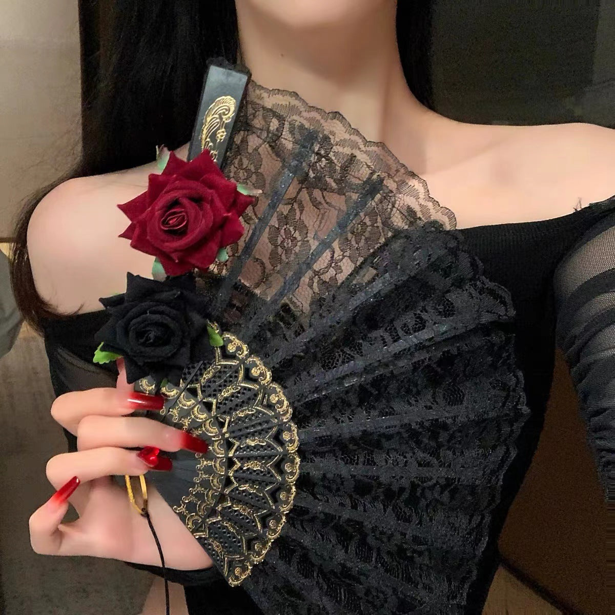 2 Pack Black Lace Burgundy Rose Vintage Lace Folding Fans Gothic Palace Style with Rose Cross Tassels for Tea Party Cosplay and Photo Props