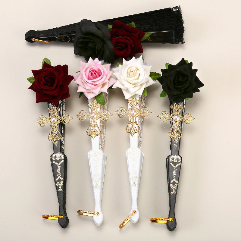 2 Pack Black Lace Burgundy Rose Vintage Lace Folding Fans Gothic Palace Style with Rose Cross Tassels for Tea Party Cosplay and Photo Props