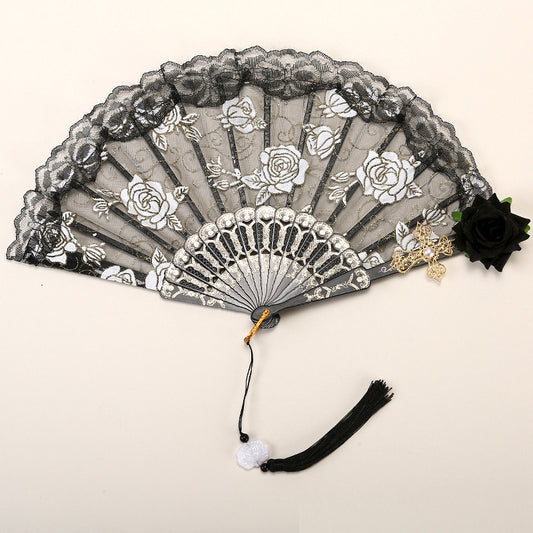 2 Pack Black Lace Black Rose Cross Vintage Lace Folding Fans Gothic Palace Style with Rose Cross Tassels for Tea Party Cosplay and Photo Props