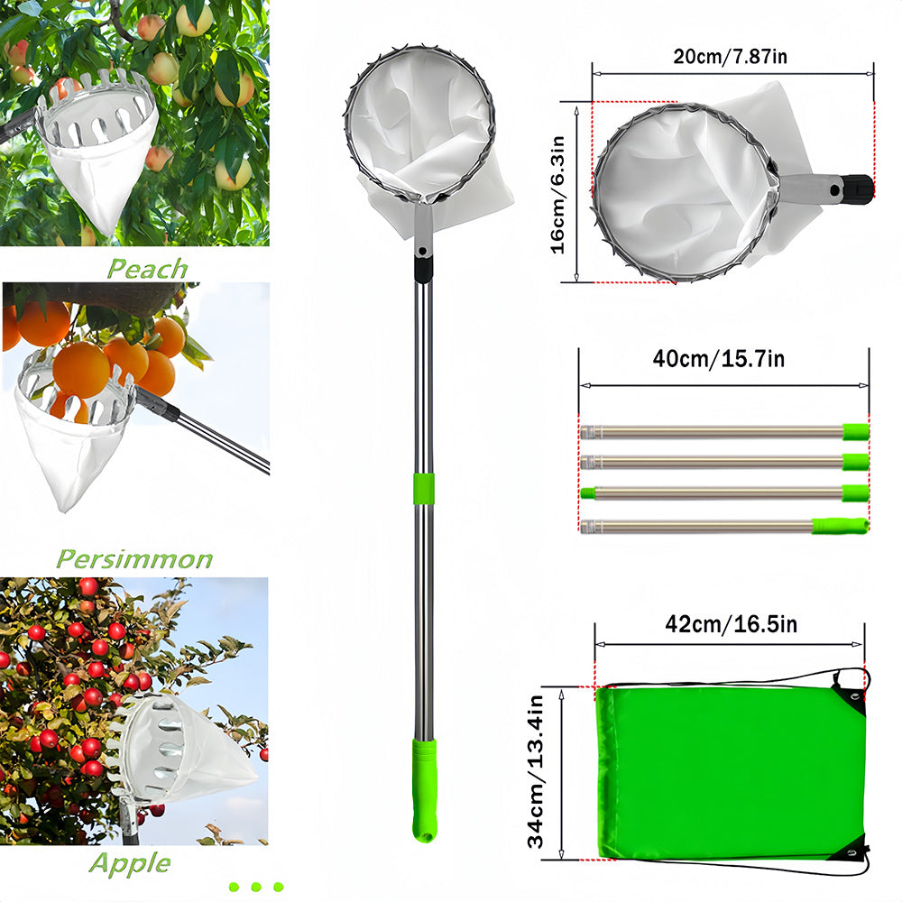 Green Telescopic Fruit Picker Tool with Stainless Steel Extension Pole Carbon Steel Head and Large Bag for Apples Peaches Oranges Australian Home Orchards(2.4m)