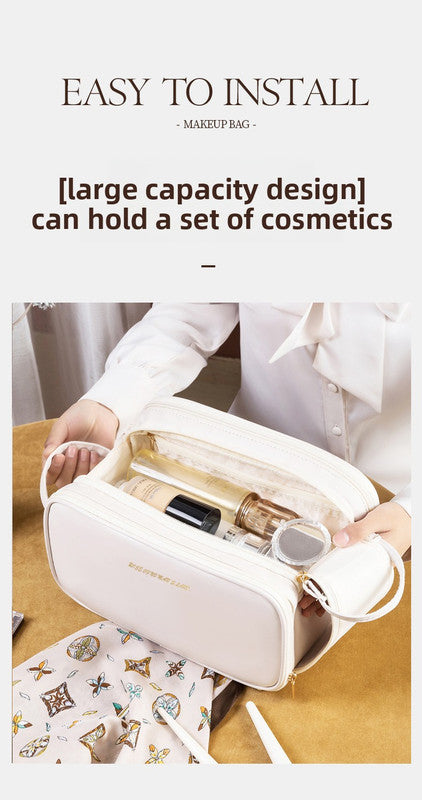 Brown Large Capacity PU Leather Makeup Bag Dual Zipper Cosmetic Case Waterproof Travel Toiletry Organiser with Brush Compartment