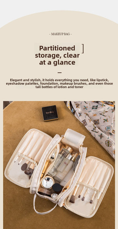 Brown Large Capacity PU Leather Makeup Bag Dual Zipper Cosmetic Case Waterproof Travel Toiletry Organiser with Brush Compartment