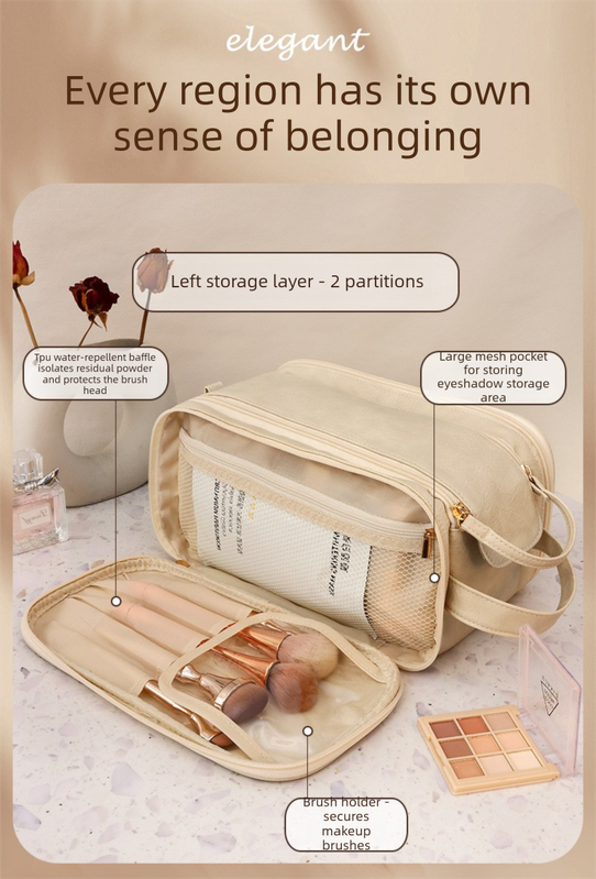 Luxury Camel Colour Large Capacity Makeup Bag – 3-Layer Double Zipper Travel Toiletry Organizer with Waterproof TPU Brush Holders