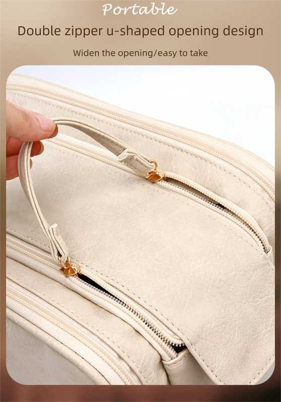 Luxury Camel Colour Large Capacity Makeup Bag – 3-Layer Double Zipper Travel Toiletry Organizer with Waterproof TPU Brush Holders