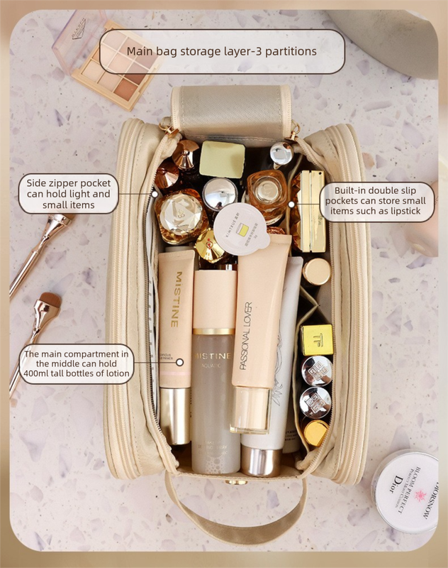 Luxury Black Large Capacity Makeup Bag – 3-Layer Double Zipper Travel Toiletry Organizer with Waterproof TPU Brush Holders