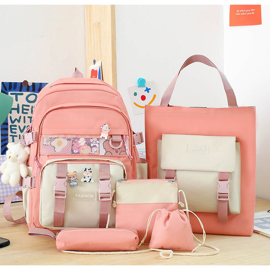 5 Piece Aesthetic School Backpack Set Pink Oxford Fabric Fits 14 Inch Laptop