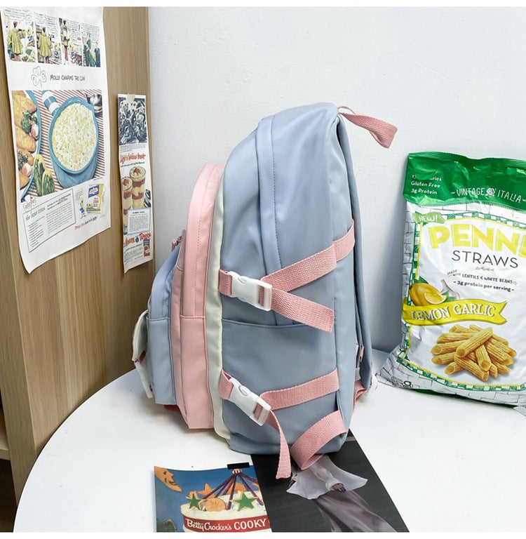 Women's Large Aesthetic School Backpack Blue Nylon Daypack with Cute Bear Plushie & Pins For High School and University