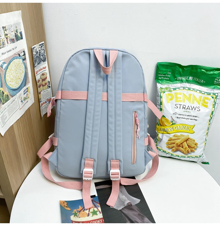 Women's Large Aesthetic School Backpack Blue Nylon Daypack with Cute Bear Plushie & Pins For High School and University